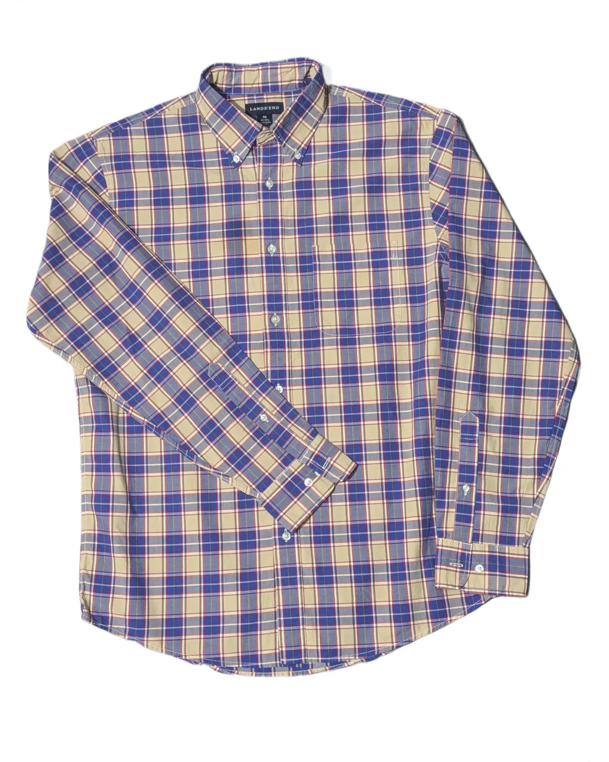 Lands’ End Men’s Beige Plaid Button-Down Shirt