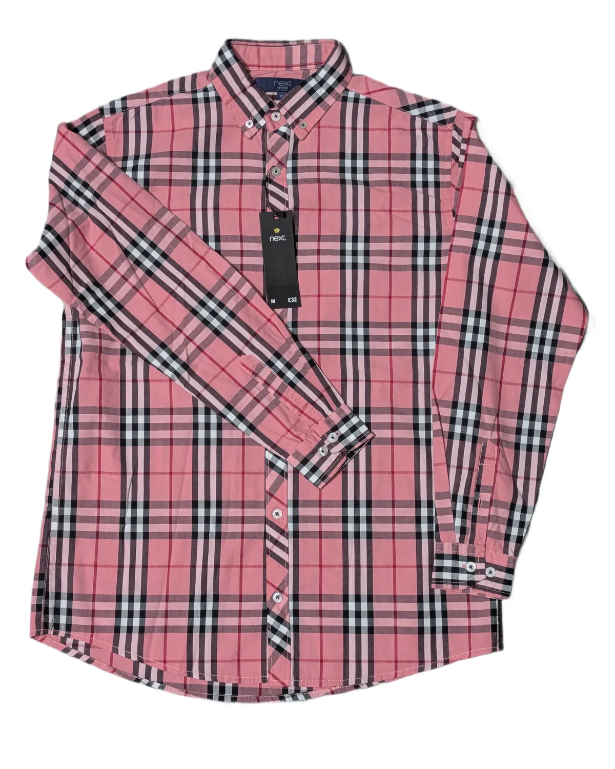 Next Men’s Pink Tartan Plaid Button-Down Shirt
